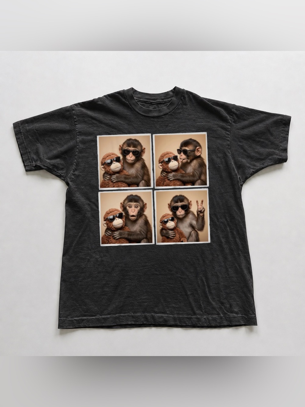 Black Short Sleeve Tee with Playful Monkey Photo-Grid